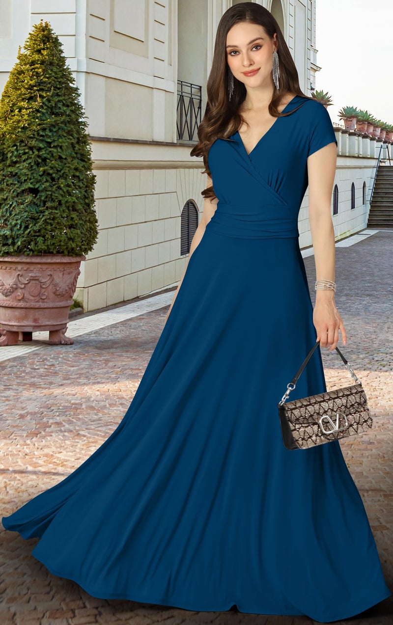 KOH KOH Plus Size Womenâ€™s Long Cap Short Sleeve Flowy Cocktail Semi Formal Prom Gala Black Tie Bridesmaid Wedding Guest Work Dressy Tall Gown Gowns Maxi Dress Dresses, Capri Blue XL 14-16 - Image 2